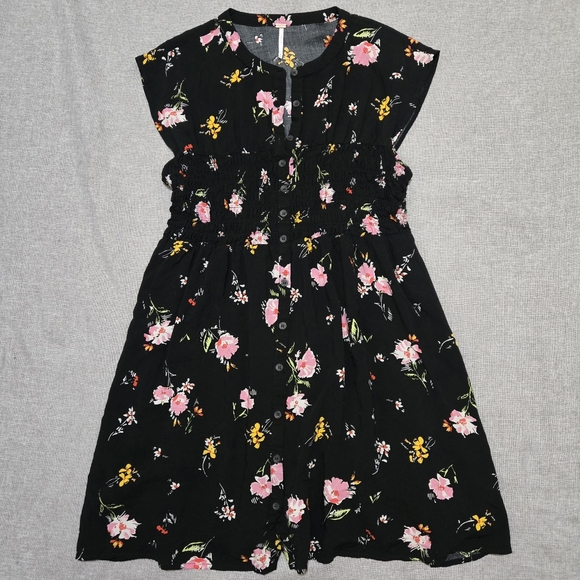 FREE PEOPLE Greatest Day Floral Dress Black Pink Yellow Smocked Waist Medium - Picture 16 of 16